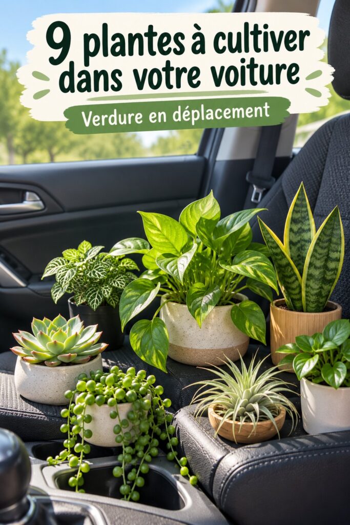 Plantes colorées disposées sur le tableau de bord d'une voiture, créant une atmosphère accueillante.