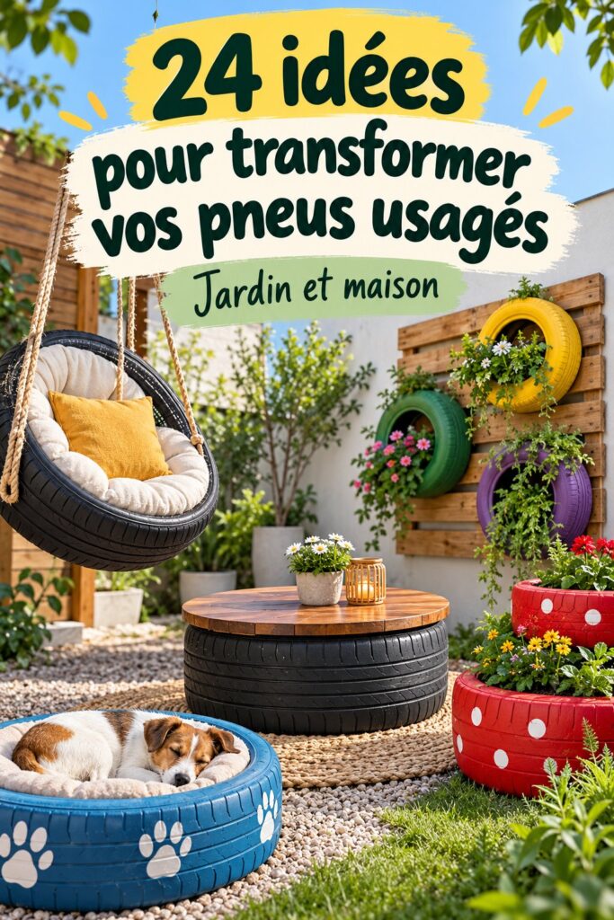Un jardin décoré avec des accessoires faits à partir de pneus recyclés