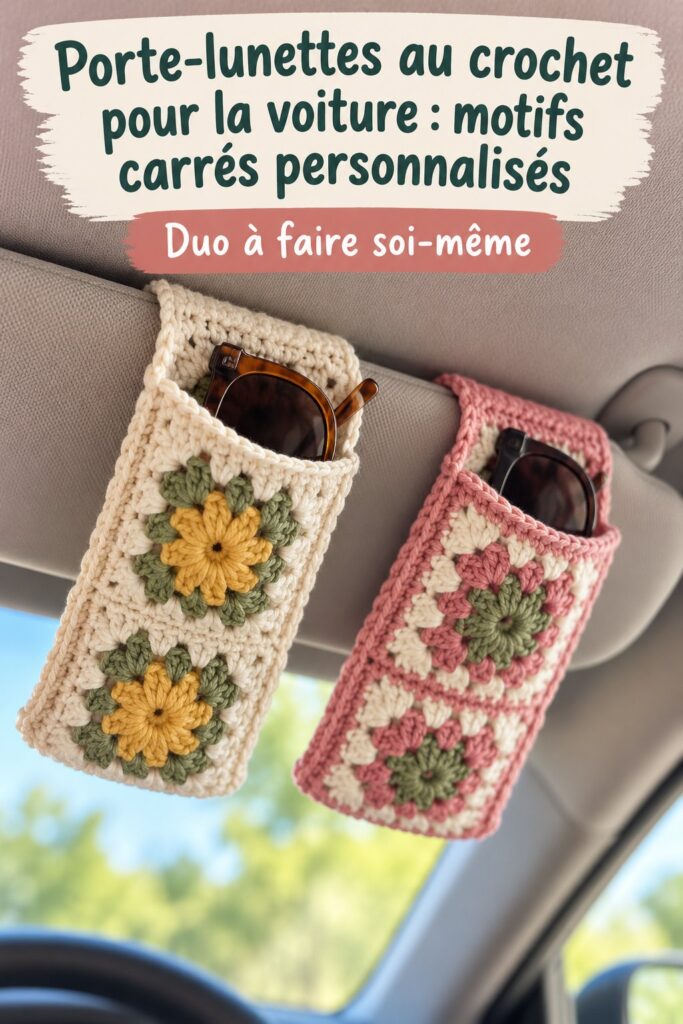 Porte-lunettes au crochet avec motifs carrés personnalisés dans une voiture