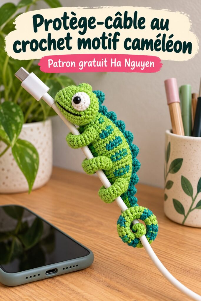 Un protège-câble crocheté motif caméléon sur une table en bois