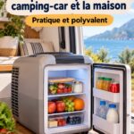 Un petit réfrigérateur portable pour le camping et la maison, sur un fond d'escapade nature. Idéal pour garder les boissons fraîches.