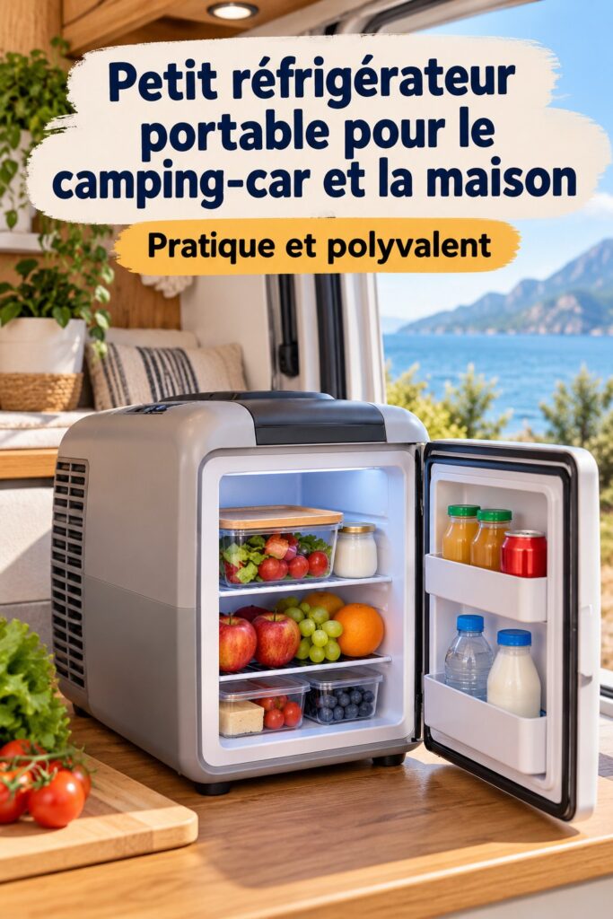 Un petit réfrigérateur portable pour le camping et la maison, sur un fond d'escapade nature. Idéal pour garder les boissons fraîches.