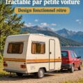 Remorque de camping vintage tractée par une petite voiture, prête pour l'aventure en pleine nature.