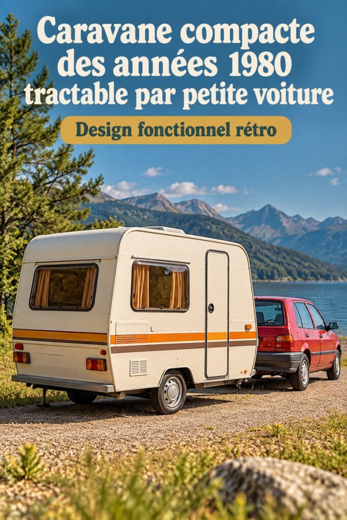 Remorque de camping vintage tractée par une petite voiture, prête pour l'aventure en pleine nature.
