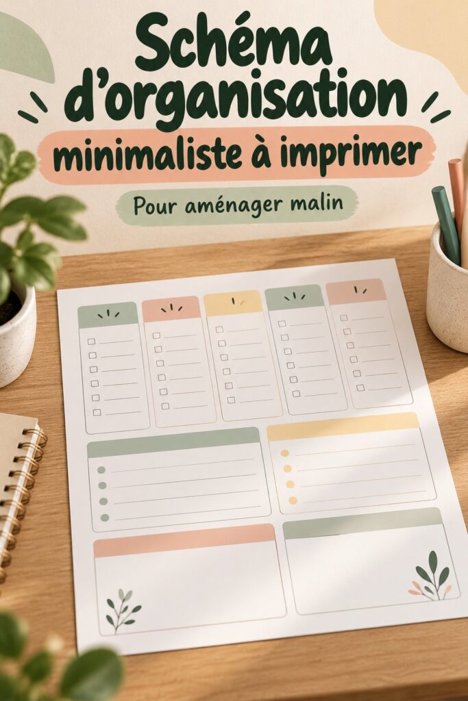 Schéma d'organisation minimaliste pour voiture imprimé, montrant des solutions pratiques de rangement.