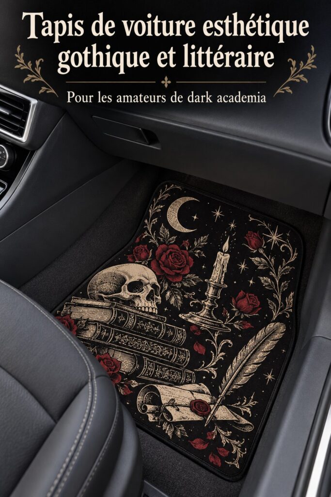 Tapis de voiture gothique décoré d'éléments littéraires sur fond sombre.