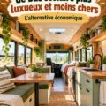 Une belle conversion de bus scolaire vue de l'extérieur, avec des éléments de décoration modernes