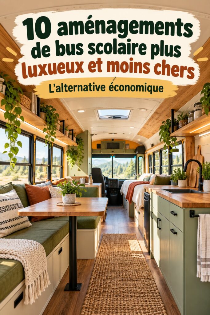 Une belle conversion de bus scolaire vue de l'extérieur, avec des éléments de décoration modernes