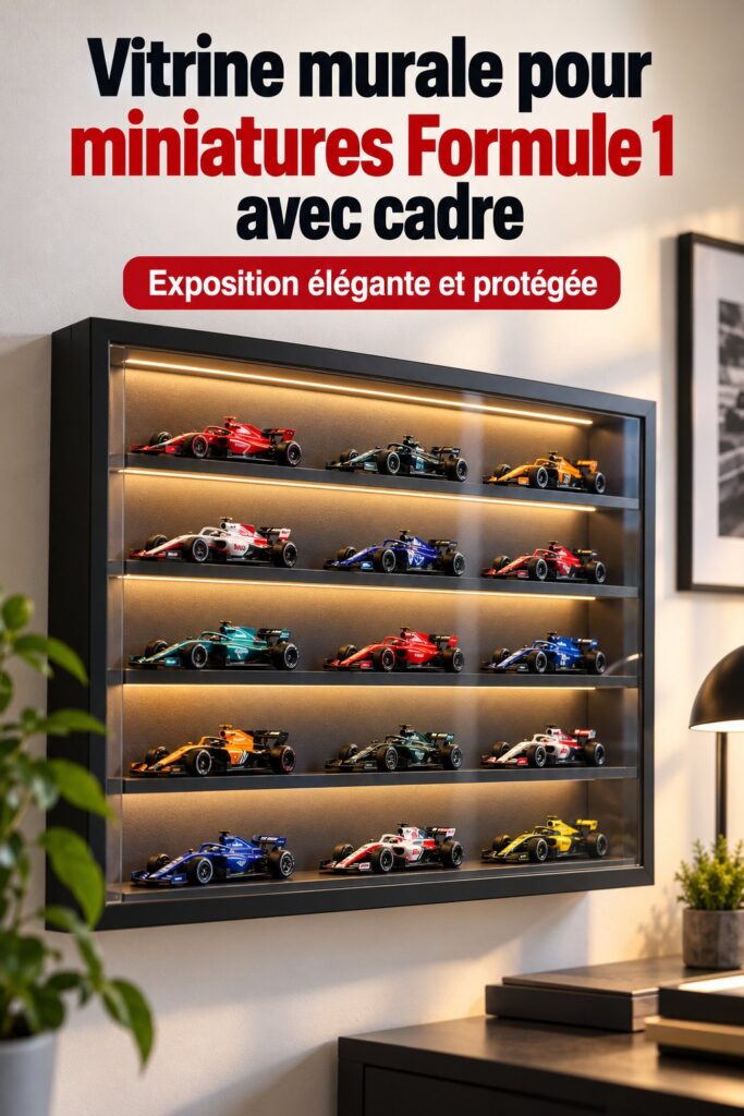 Vitrine murale élégante avec miniatures de Formule 1 exposées