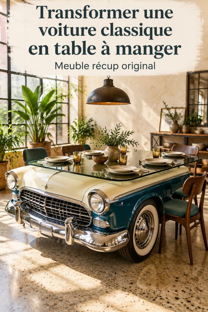 table à manger originale créée à partir d'une voiture classique