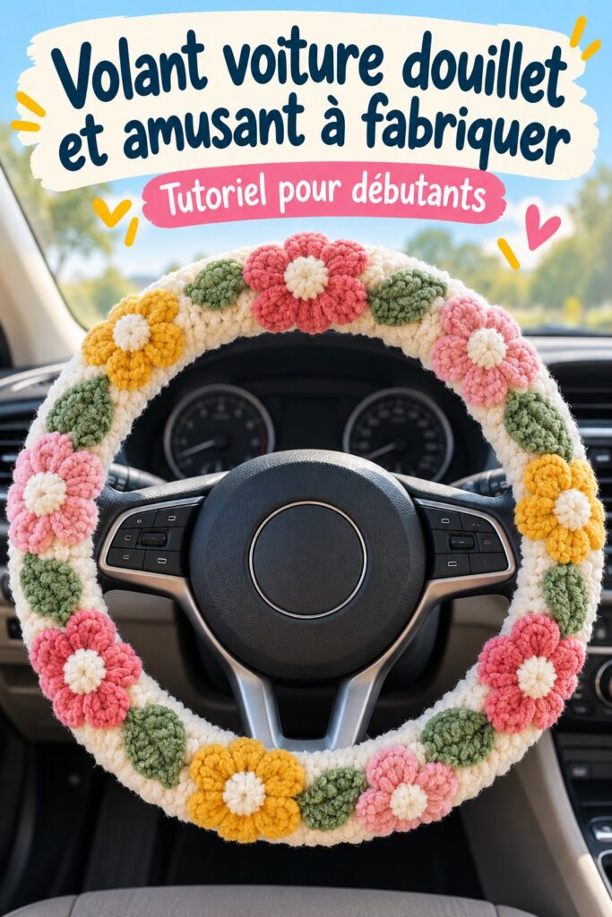Un volant de voiture doux et coloré, personnalisé avec des matériaux amusants.